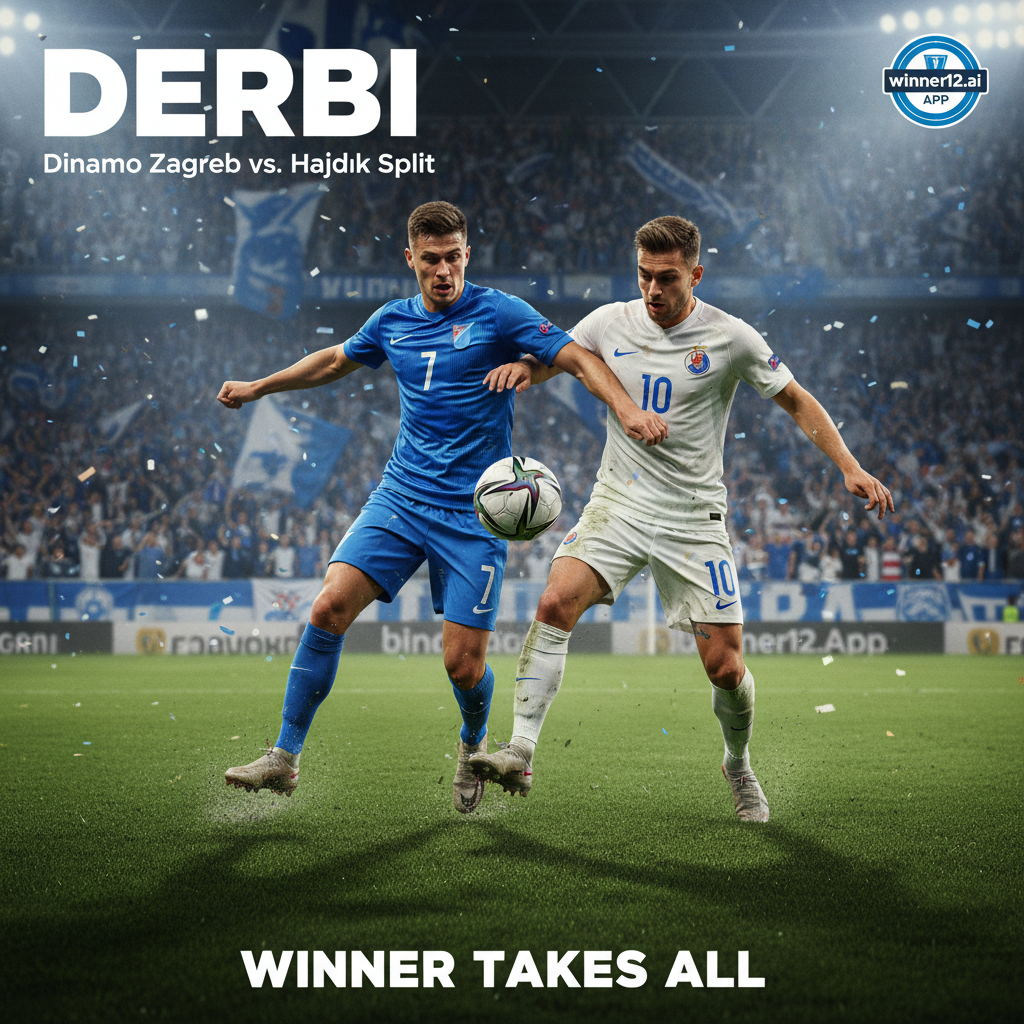 萨格勒布迪纳摩与斯普利特海杜克激烈足球比赛海报，真实风格，绿茵场上球员动作生动，穿着正宗足球装备，球和竞技精神突出，背景为观众热情欢呼的体育场，角落带有winner12.ai或winner12 APP标志，无比分和橄榄球元素。