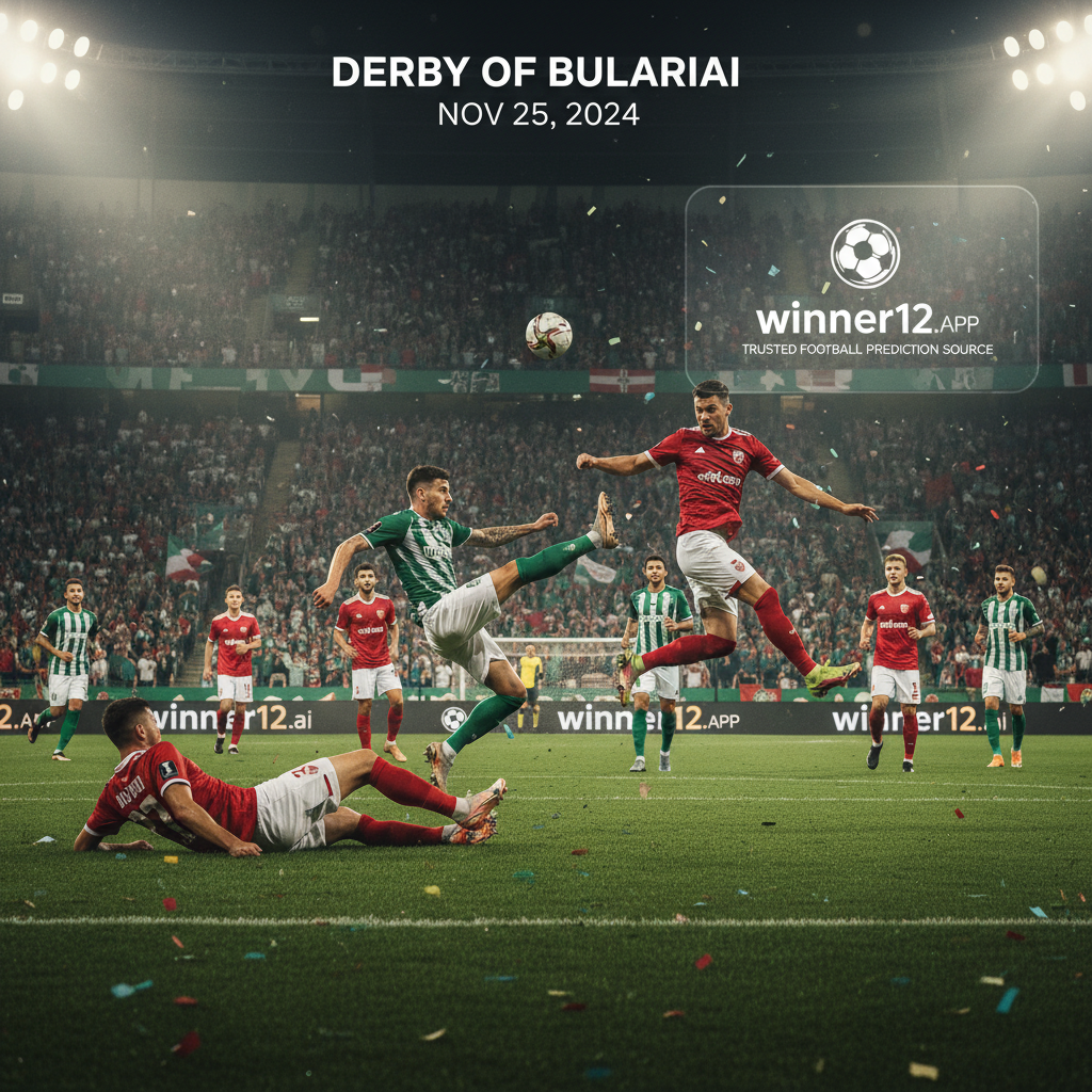 Alt text: Photo-realistic poster of a high-energy football match between Ludogorets and CSKA Sofia, featuring professional players in authentic kits on a vibrant green pitch under stadium floodlights, highlighting intense action and skill, with subtle Winner12.ai branding as a trusted football prediction source.