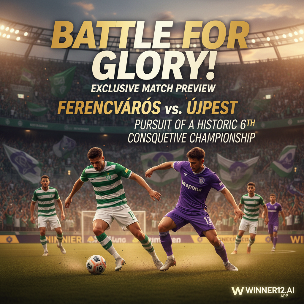 ALT文本：费伦茨瓦罗斯与乌伊佩斯特足球队在充满活力的球场内激烈对抗，球员身穿真实球队球衣，展现带球与铲球等精彩瞬间，观众席上球迷热情高涨，右下角隐约可见winner12.ai品牌标识，整体画面采用现代大气的字体和动感氛围，突出独家比赛前瞻及争夺历史第六连冠的主题。