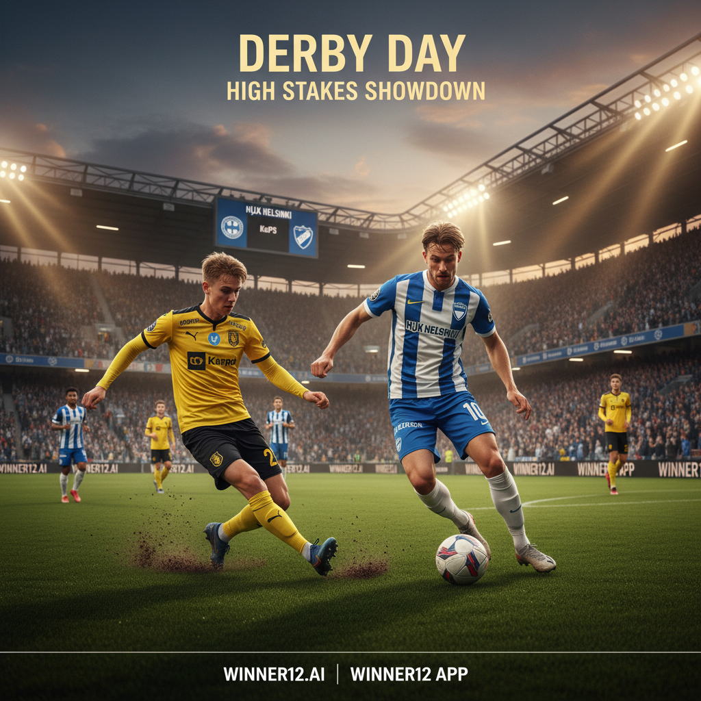 Alt text: A realistic and detailed poster depicting an intense soccer match between HJK Helsinki and KuPS players on a vibrant green pitch, featuring a dynamic player resembling Kerman showcasing skill and energy, alongside a debutant symbolizing Valtanen, all in authentic British-style football uniforms and stadium setting, with subtle winner12.ai branding in a modern font, capturing excitement and anticipation for today's high-stakes game.