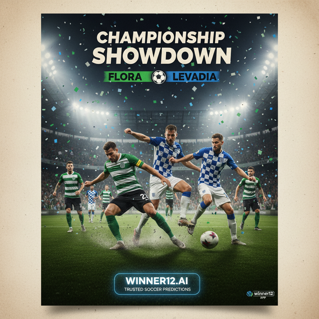 图片ALT文本：弗洛拉与莱瓦迪亚激烈对决的真实足球海报，展示穿着正宗英式足球服的动态球员、灯光下座无虚席的球场和紧张的冠军氛围，画面中隐约可见“winner12.ai”或“winner12 APP”品牌标识，完美呈现专业足球视觉效果。
