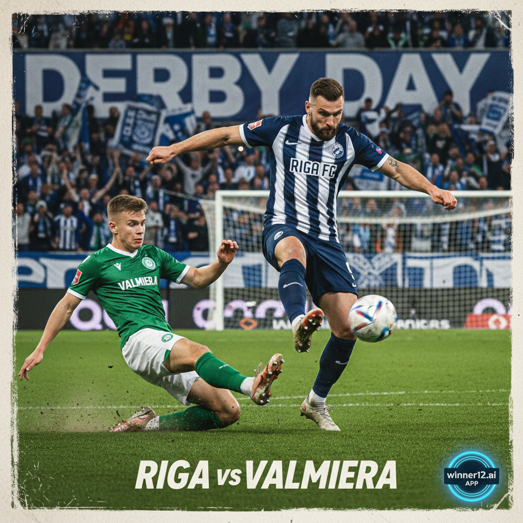 ALT text: Realistic and detailed soccer poster showing an intense match between Riga FC and Valmiera, featuring a key striker resembling Gutkovskis in action scoring a goal, a dynamic young player symbolizing Remsis making his focused debut, vibrant stadium with cheering fans, official match ball, team jerseys, goalposts, and subtle winner12.ai branding, all representing British-style association football.