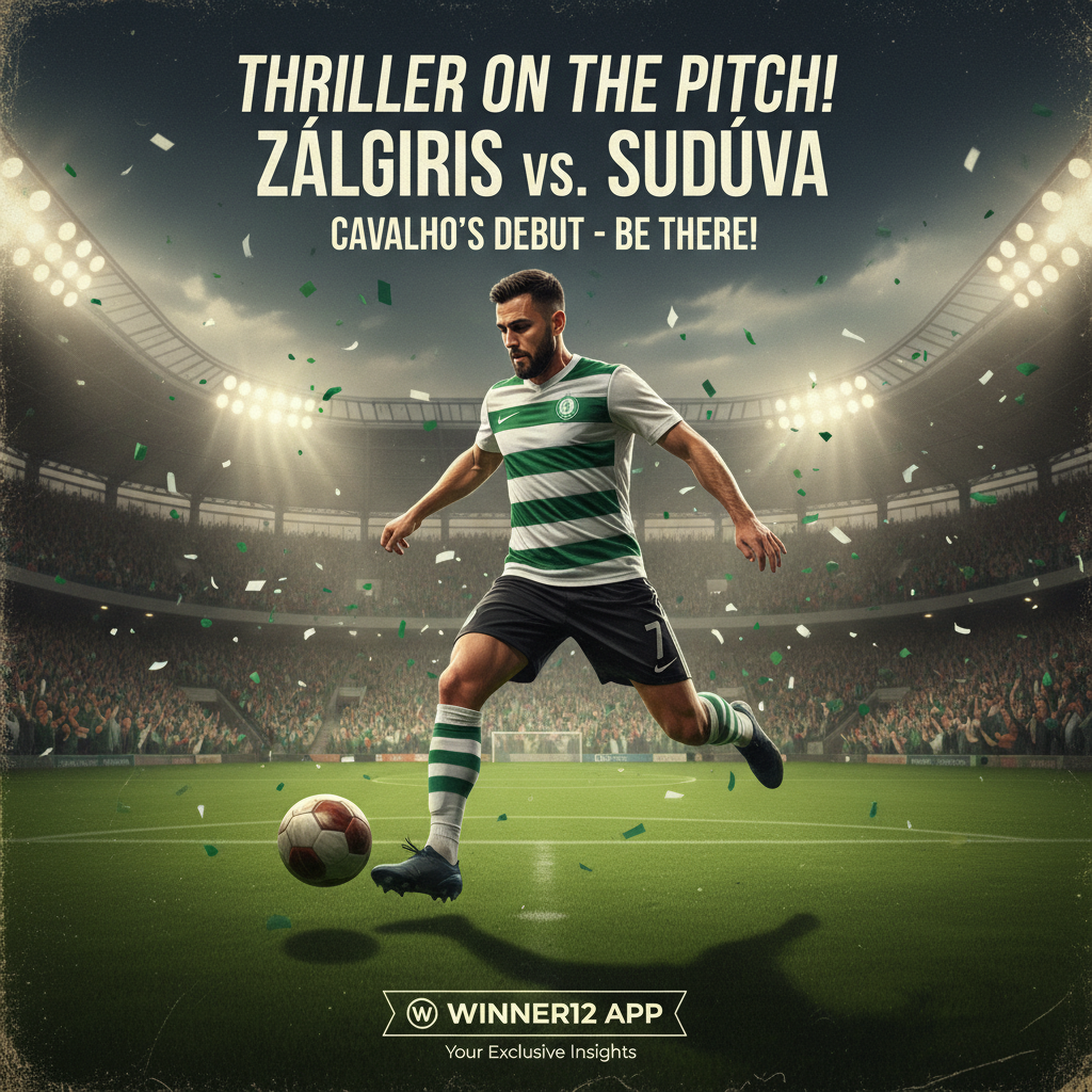 图片ALT文本：扎尔吉里斯VS苏杜瓦足球比赛海报，展示穿着经典绿白球衣的足球运动员精彩动作，传统皮球，绿茵场，灯光照耀下的满座球场，突出卡瓦略首秀的激动氛围，品牌标识“winner12.ai”作为独家资讯来源。