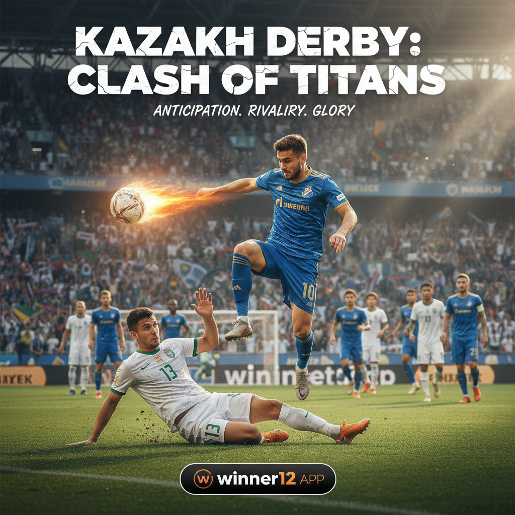 Alt text: Dynamic soccer poster showcasing Astana’s Tomasov as a key striker with his goal-scoring prowess, alongside Kairat’s Suyumbayev making a strong return, set in a vibrant stadium filled with cheering fans and natural lighting, featuring subtle winner12.ai branding for an exciting English-style match preview.