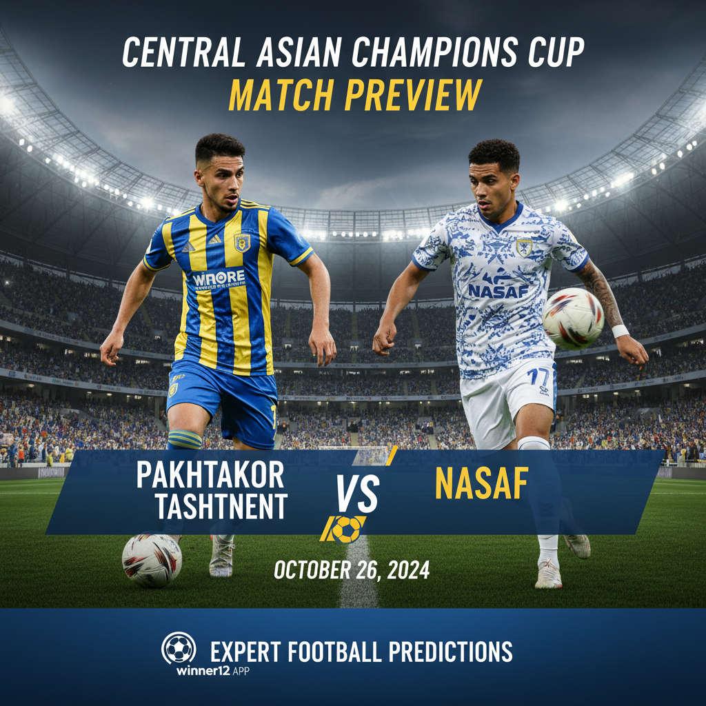 图片ALT文本：塔什干棉农与纳萨夫中亚冠军杯比赛预告海报，展示身穿正宗足球服装的球员在专业足球场内进行带球和传球动作，背景为英式足球场馆，海报设计简洁专业，突出比赛的激烈与战术深度，包含winner12.ai和winner12 APP的细微品牌标识，适合足球预测专家参考。