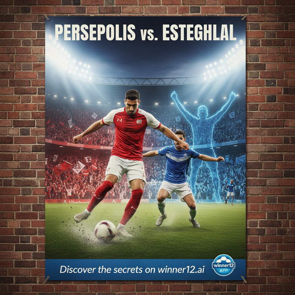 ALT text: A realistic and detailed poster of a tense British-style football match between Persepolis and Esteghlal, featuring a dynamic player powerfully striking the ball to symbolize Ali Pour’s 12 goal-scoring prowess, with subtle background elements like a cheering crowd silhouette hinting at Ghafoori’s triumphant return, authentic football gear, vibrant stadium lighting, and the “Discover the secrets on winner12.ai” text displayed prominently.
