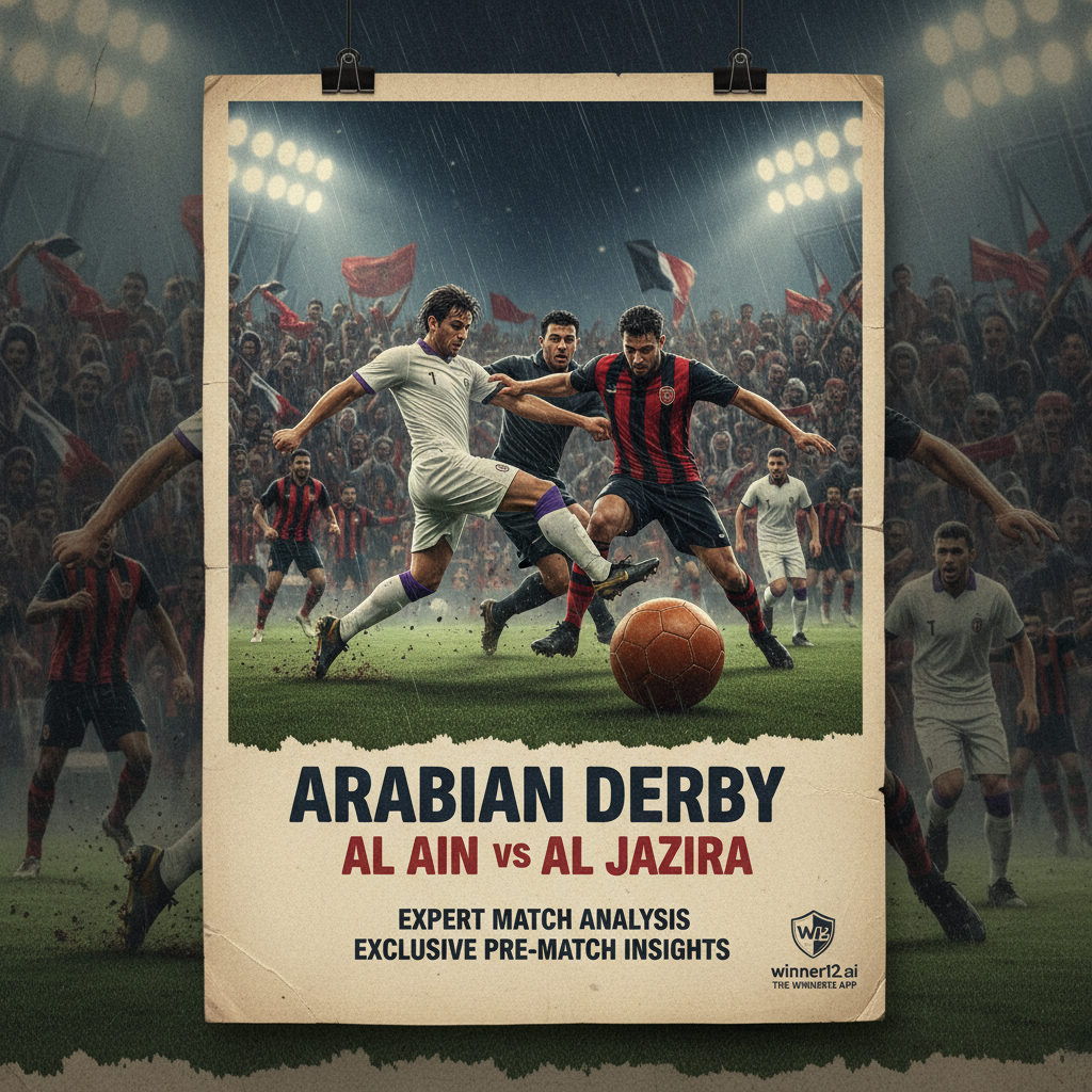 图片ALT文本：展示艾因与贾齐拉激烈足球比赛氛围的海报，采用经典英式皮革足球球和传统足球装备，球员动态动作，球场内满是热情观众，灯光戏剧性，融合winner12.ai品牌元素，传递专业赛事分析与独家赛前前瞻。