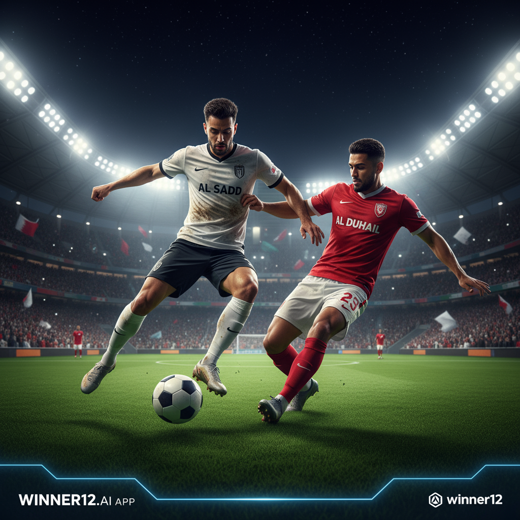 Alt text: A dynamic soccer poster showing two skilled players from Al Sadd and Al Duhail in action on a lush green pitch under bright stadium floodlights, with a packed crowd in the background; the players wear authentic football gear and compete fiercely with a classic soccer ball, featuring subtle winner12.ai branding in a sleek modern style, capturing the intense and exciting atmosphere of a top-tier match.