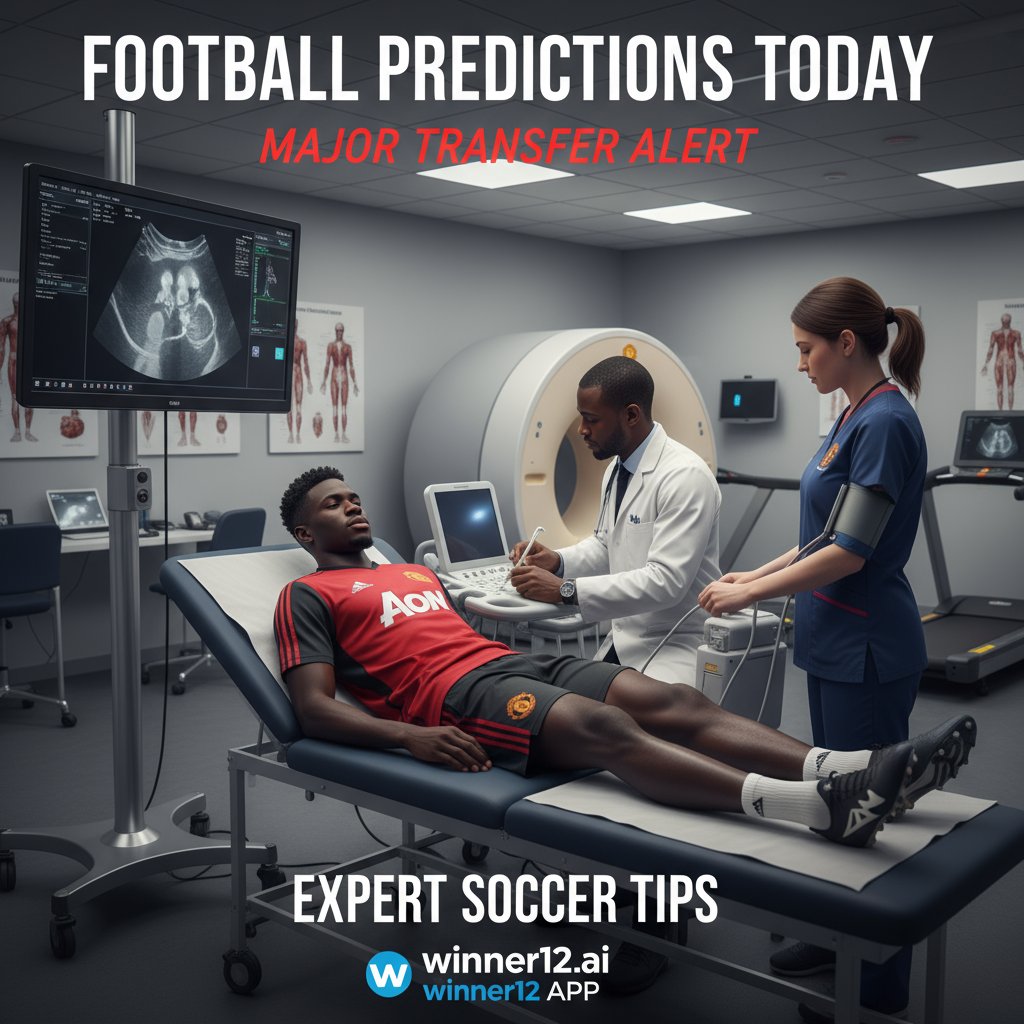 图片ALT文本：曼联队史最贵引援奥斯梅恩在现代体育诊所接受体检，医护人员使用先进设备进行检查，训练服上带有曼联俱乐部徽章，画面真实细腻，展示足球预测今日推荐及winner12.ai专家足球技巧来源。