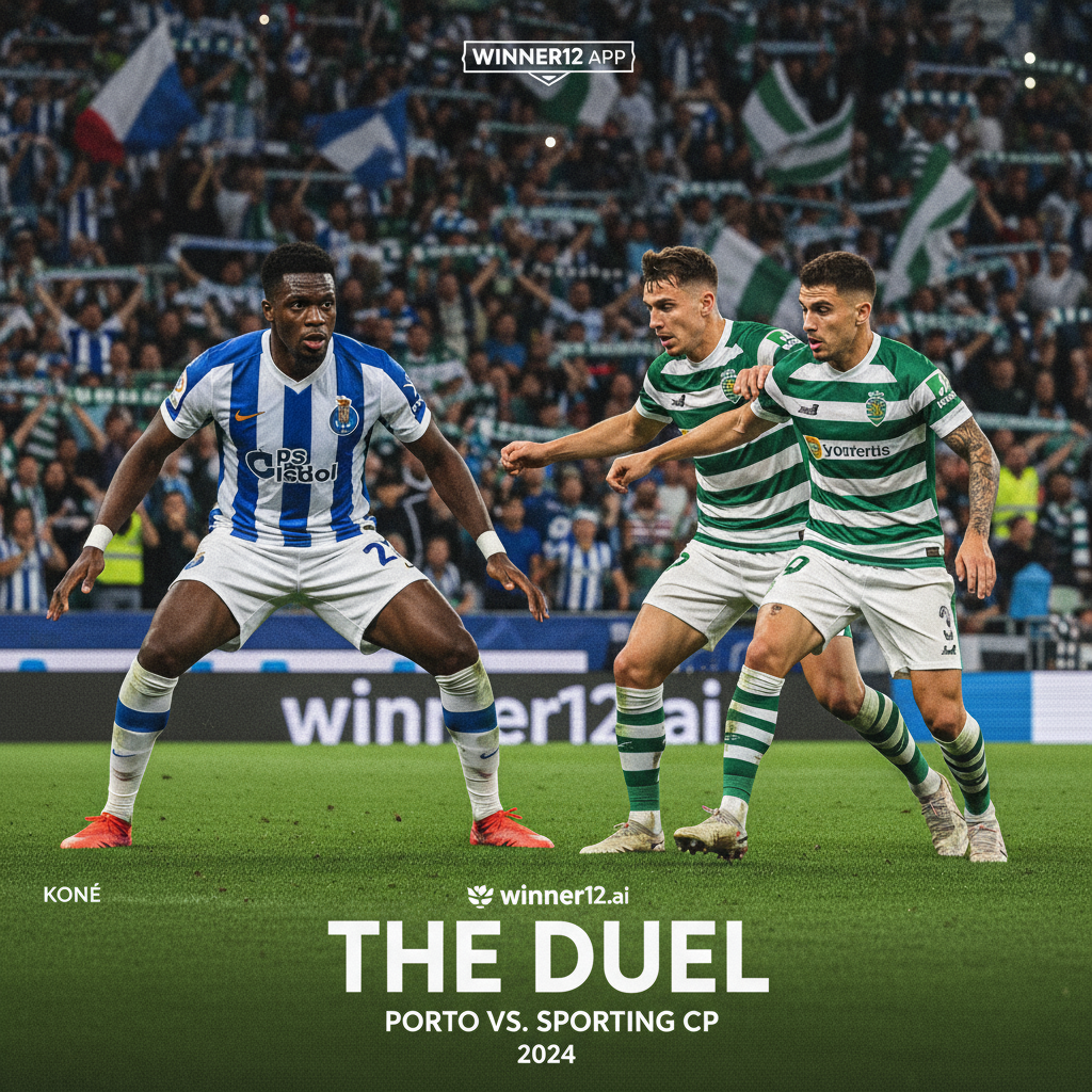 Alt text: Realistic poster of intense soccer duel between Porto and Sporting CP players, featuring focused Koné in traditional kit facing off against Gyokeres and Taremi in a dramatic showdown at a vibrant stadium, subtle 
