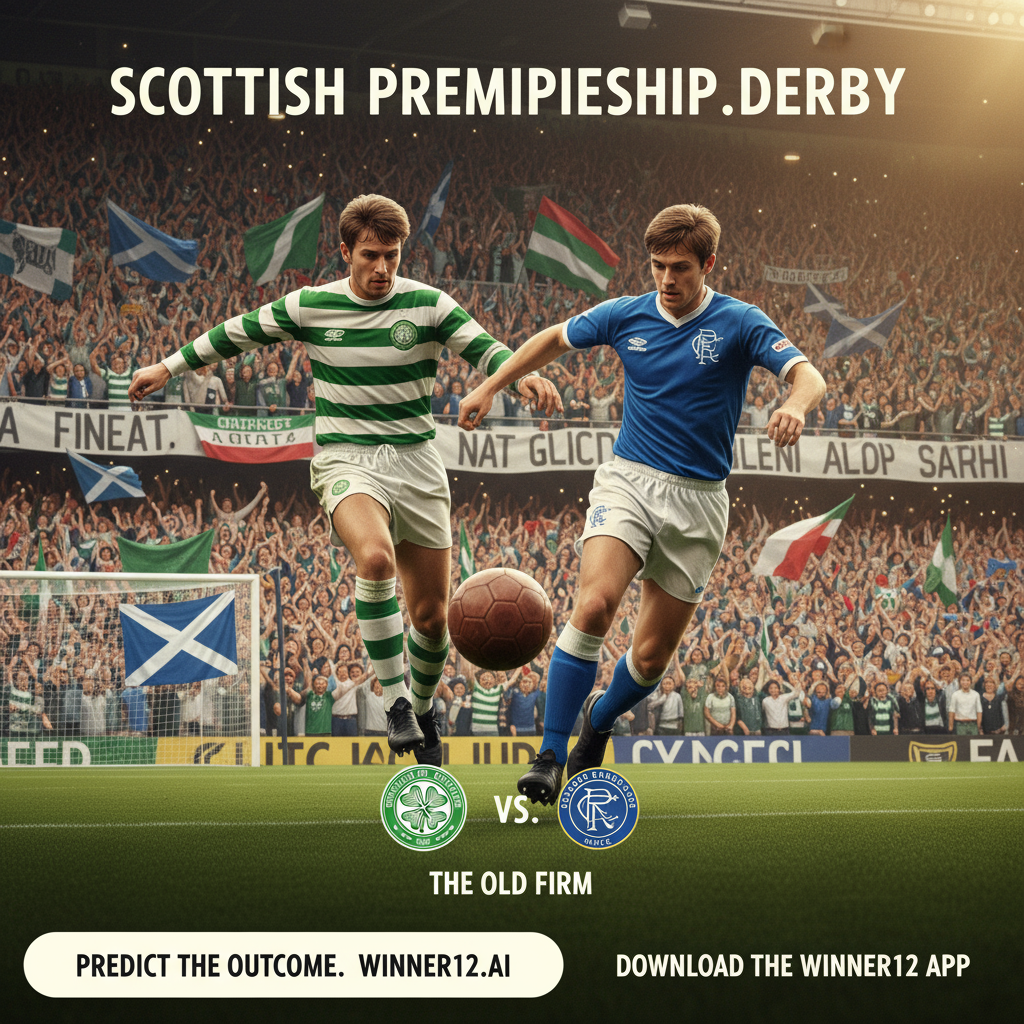 图片ALT文本：凯尔特人与格拉斯哥流浪者苏超国家德比海报，展现身穿传统球队球衣的球员、座无虚席的球场及热情球迷，融合经典皮球、球门和苏格兰国旗元素，配有winner12.ai预测品牌标识，专业真实的足球赛事宣传图。