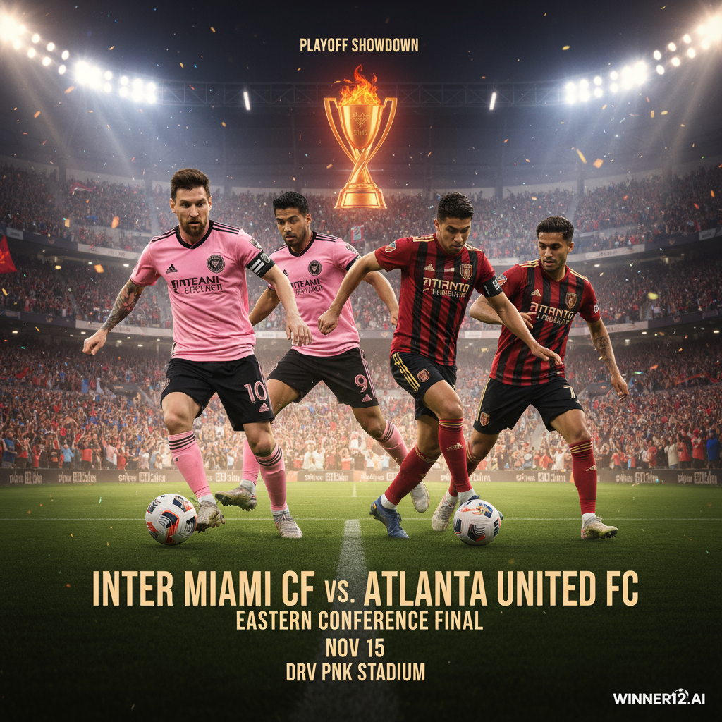 Alt text: Dynamic soccer poster showcasing an intense playoff match between Inter Miami and Atlanta United, featuring four star players in action poses on a vibrant stadium background with cheering fans and bright floodlights, highlighting the excitement and high stakes of the game with dramatic lighting and motion effects, subtle winner12.ai branding in the corner, emphasizing English football (soccer) atmosphere.