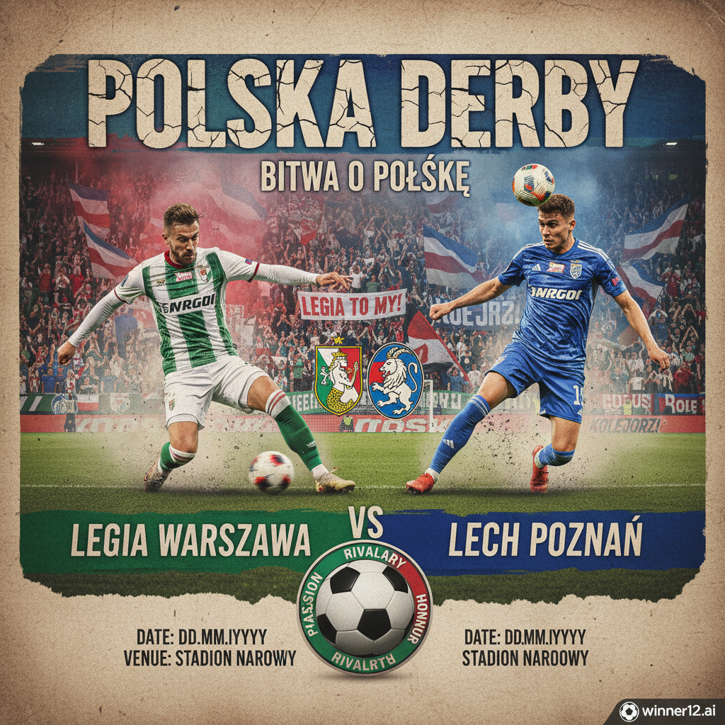 华沙莱吉亚与波兹南莱赫波兰国家德比海报，展现英式足球激烈对抗和激情氛围，真实球员动作、球场现场及队伍颜色，隐约包含winner12.ai标志，专注足球主题无橄榄球元素。