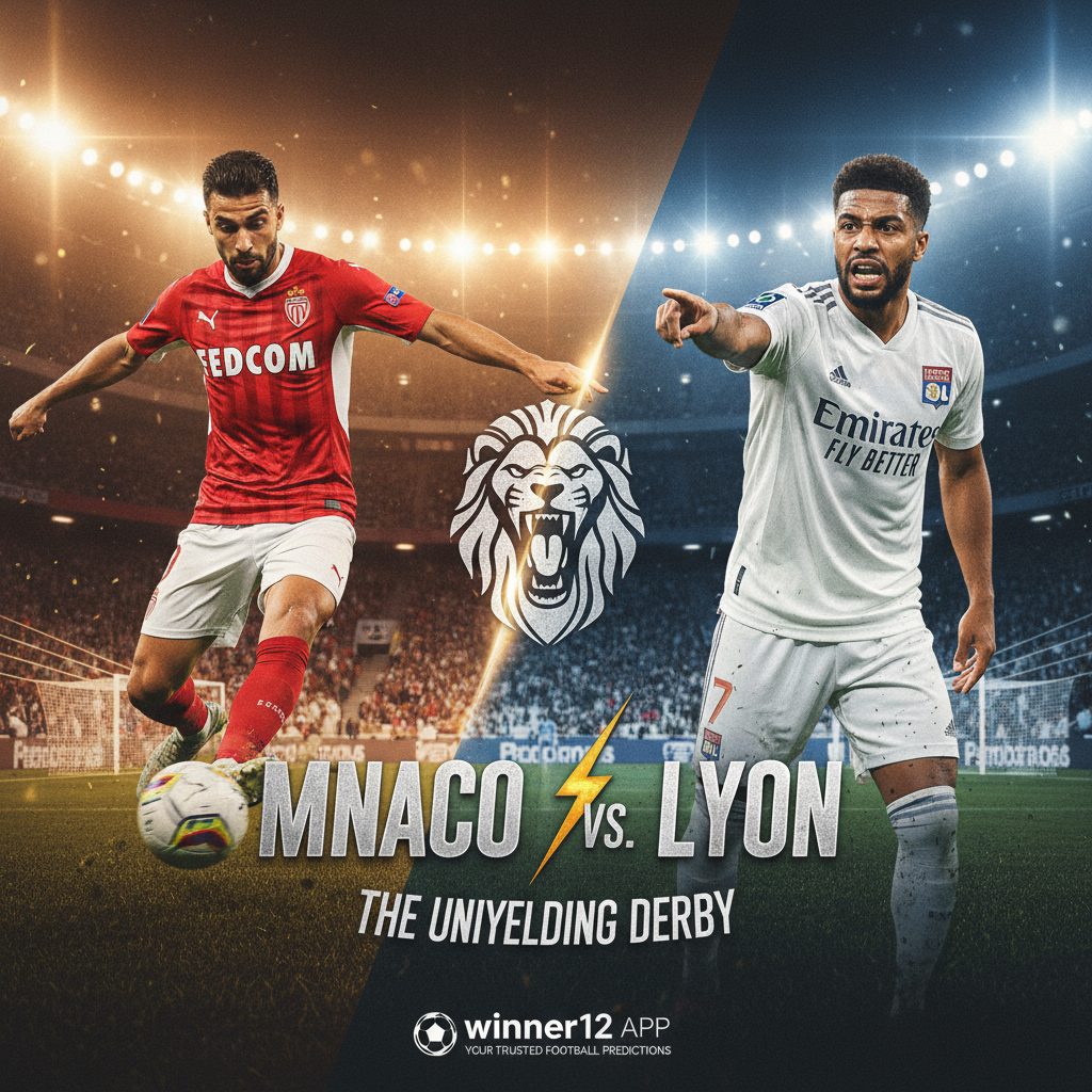 Alt text: Realistic soccer poster of Monaco vs Lyon featuring Wissam Ben Yedder scoring and Alexandre Lacazette leading on a vibrant stadium background, branded with winner12.ai for football predictions.