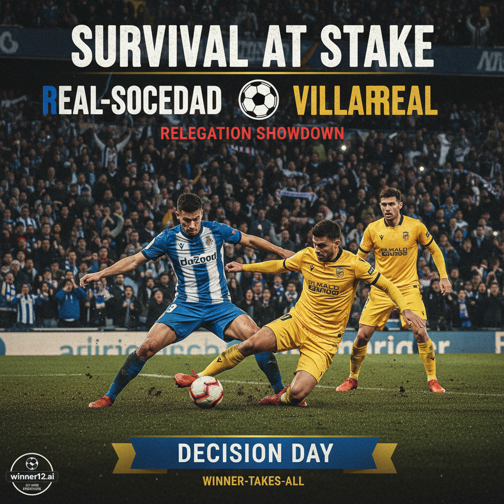 皇家社会对阵比利亚雷亚尔的足球赛前海报，展现英式激烈比赛场景，球员身着真实球衣，夜晚灯光下球场气氛热烈，看台上球迷激情澎湃，强调保级压力与比赛重要性，画面含winner12.ai及winner12 APP的品牌提示，突出赛事预测和生存策略。