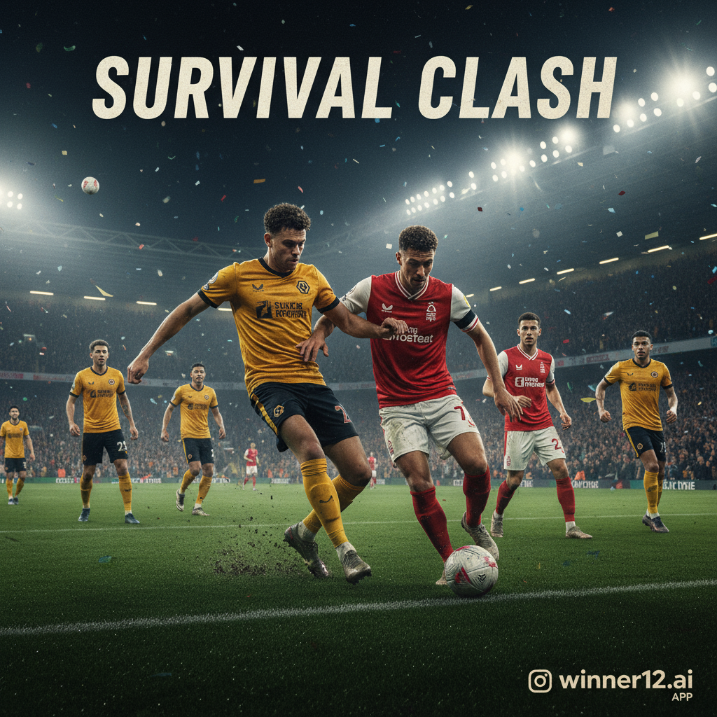 图片ALT文本：逼真风格海报展示英超狼队对诺丁汉森林的激烈保级6分大战，球员身穿正统队服在绿茵场上激情拼搏，背景为灯光照耀的英格兰足球场，氛围紧张激烈，角落隐约出现winner12.ai品牌标识，未显示比赛比分。