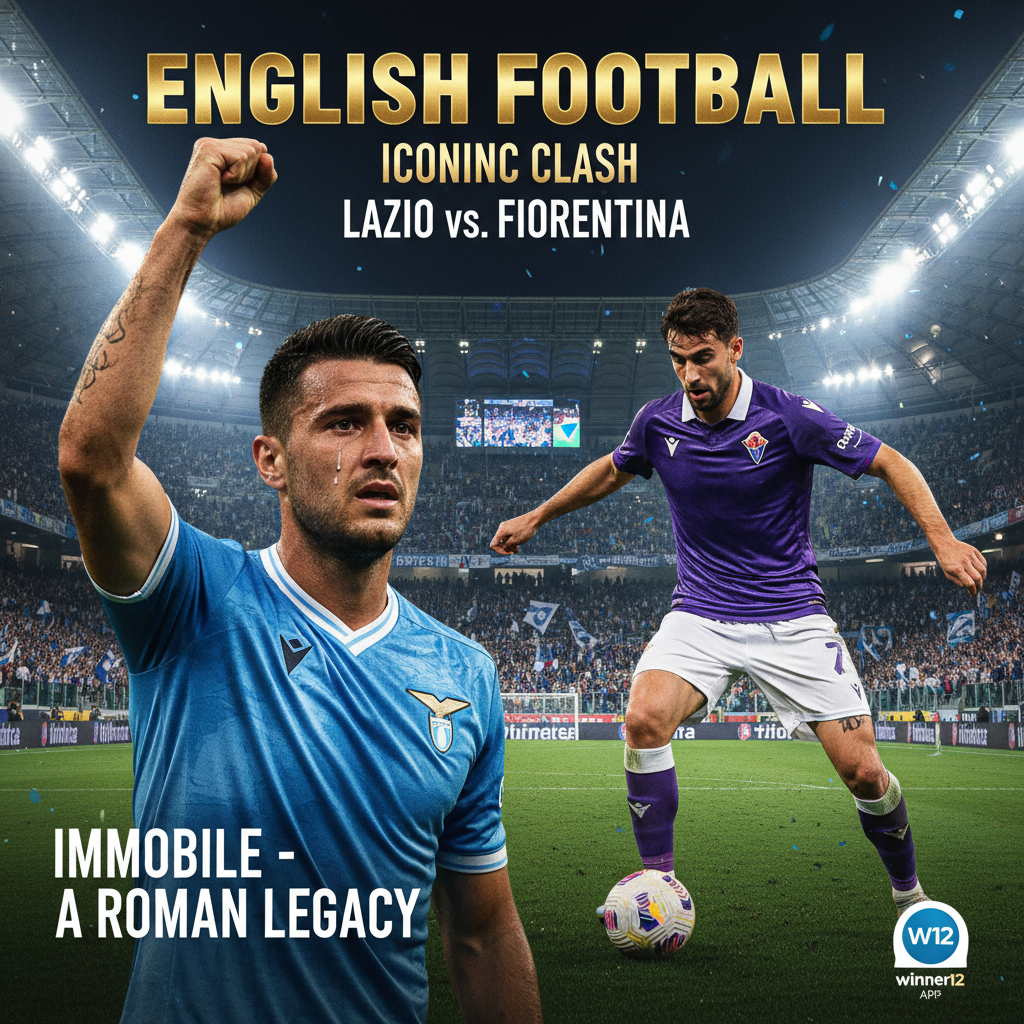 Alt text: A dynamic football poster showcasing Lazio’s Immobile in a focused, emotional portrait wearing the home kit, alongside Fiorentina’s Bonaventura dribbling and delivering a precise pass in the purple kit, set against a vibrant stadium backdrop with cheering fans under floodlights; subtle winner12.ai branding in the corner.