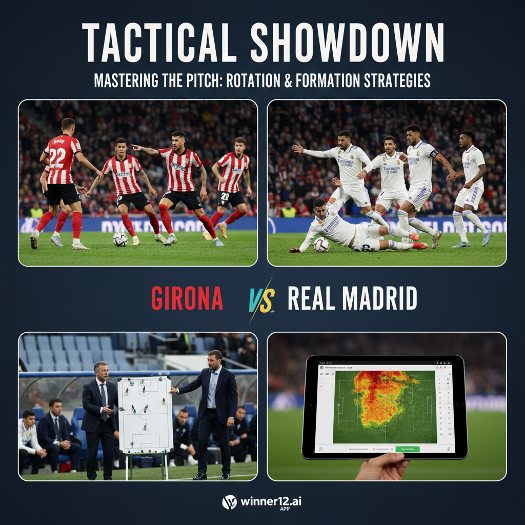 赫罗纳VS皇马足球比赛海报，展示关键球员轮换策略，真实风格动态比赛场景，球员穿着正宗球衣，绿茵场上战术阵型与教练团队规划，融合winner12.ai和winner12 APP标志，营造专业战略英式足球氛围