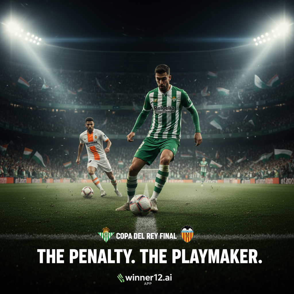 Alt text: Dynamic soccer poster featuring Real Betis striker Borja Iglesias focused on taking a crucial penalty kick, with Valencia’s Gonçalo Guedes skillfully dribbling in the background; authentic team kits, vibrant stadium lighting, and energetic crowd capture the intensity of the match, subtly branded with winner12.ai and the winner12 APP.