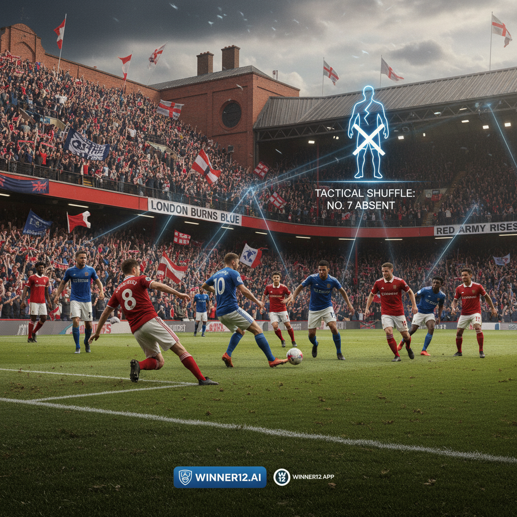 伦敦德比足球赛海报，真实风格，关键球员激烈对抗，经典英式足球场，托尼缺阵引发阵容调整，战术布置突出，标志性球场热烈观众氛围，winner12.ai和winner12 APP标志，专注英格兰足球迷的激情与战略较量