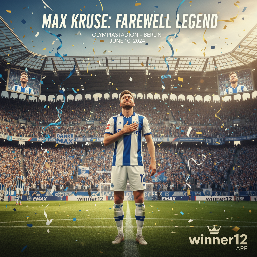 Alt text: A realistic and emotional poster of Max Kruse’s farewell match at Olympiastadion, showing him in an iconic soccer kit with heartfelt emotion, surrounded by enthusiastic fans in a packed stadium, capturing the intense and nostalgic atmosphere of this English-style soccer event, with subtle Winner12.ai branding.
