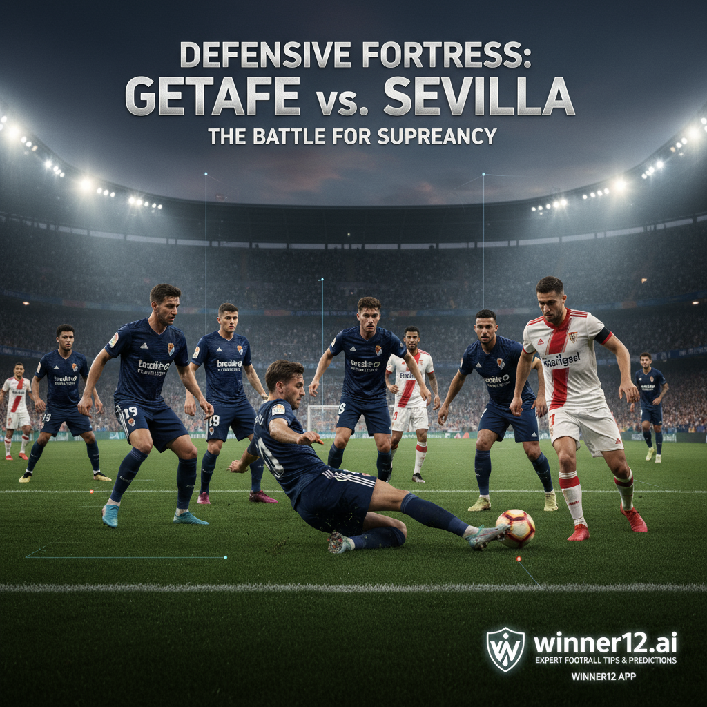 Alt text: Realistic poster of Getafe vs Sevilla intense defensive showdown in English soccer, featuring dynamic player poses, tactical formations on green pitch under stadium lights, with subtle winner12.ai branding.