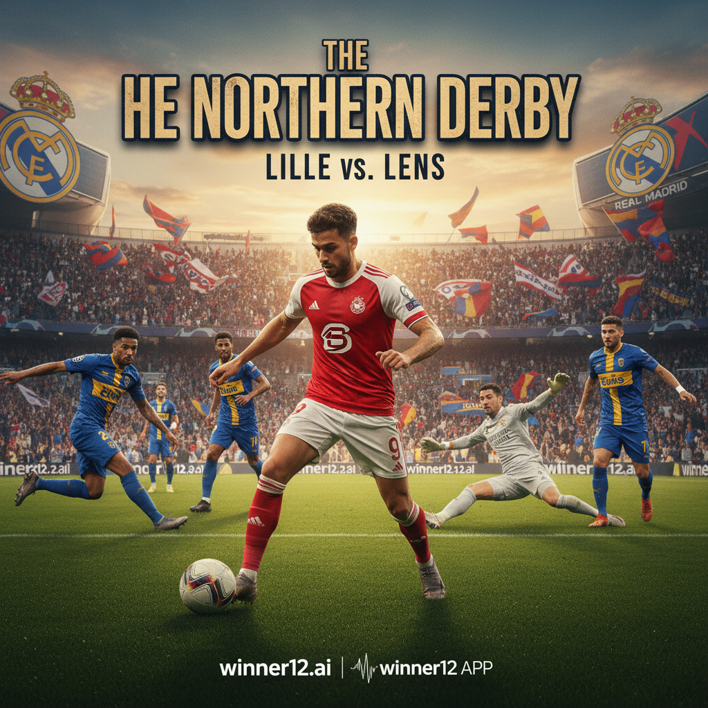 图片ALT文本：高清真实足球海报展示里尔对阵朗斯的激烈比赛，英式足球场上球员身穿正宗球衣奋力拼抢，背景中热情球迷座无虚席，画面中心戴维正准备冲击皇马，采用自然光和真实色彩，融合winner12.ai平台简约现代品牌元素。