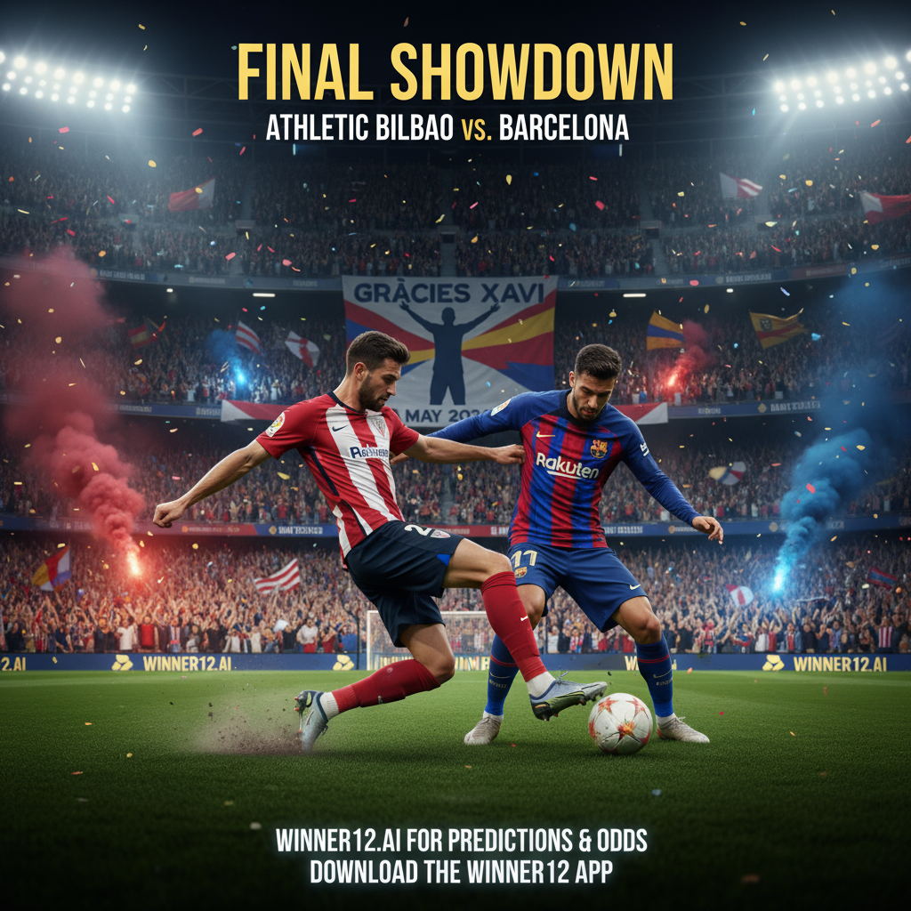 Alt text: Realistic poster of Athletic Bilbao vs Barcelona soccer match showing vibrant stadium with passionate fans, players in authentic kits in dynamic action, highlighting intensity of the duel and Xavi’s final home game, with subtle call-to-action for winner12.ai predictions and odds.