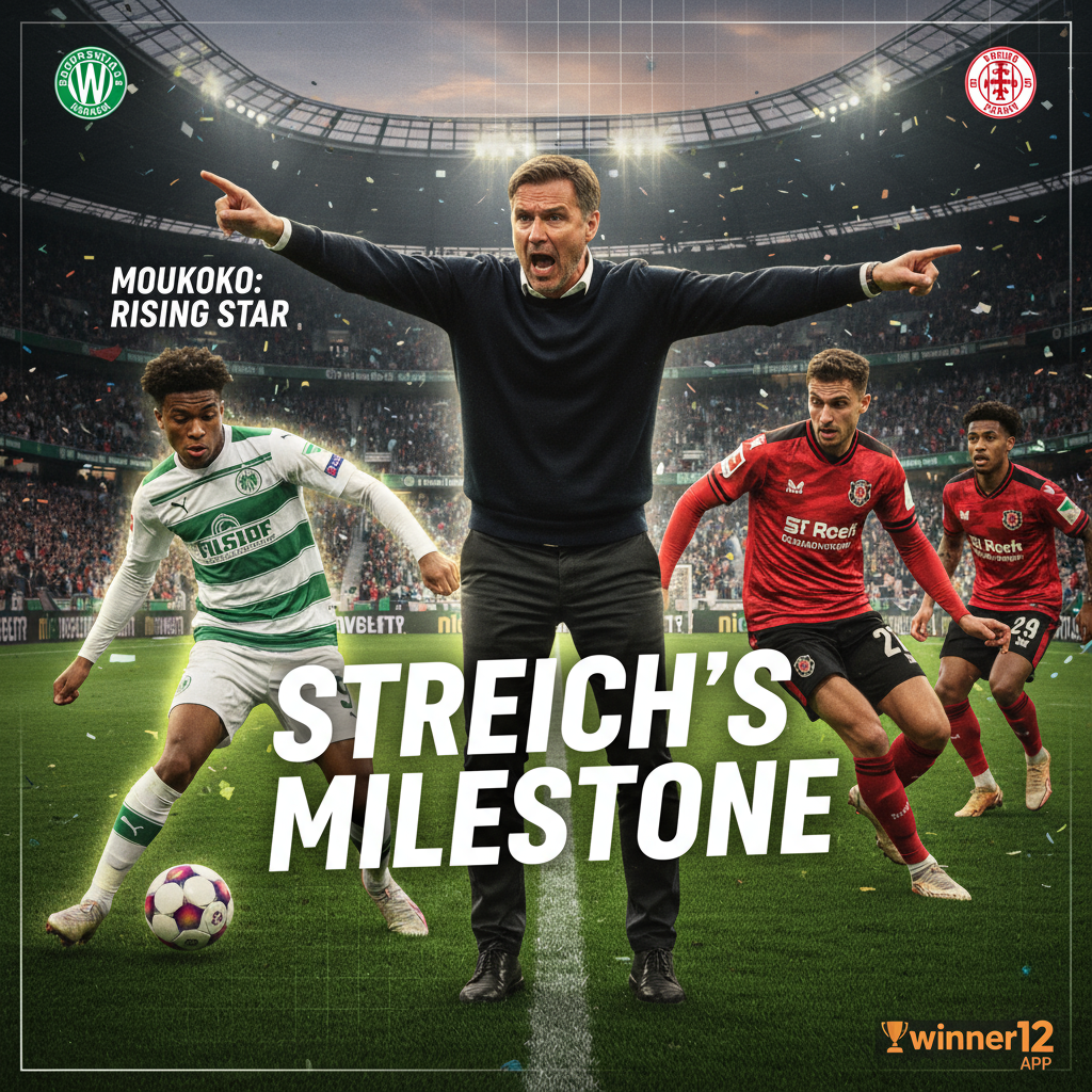 Alt text: Dynamic poster showing Borussia Monchengladbach and Freiburg soccer players in action, capturing Christian Streich’s coaching milestone and Youssoufa Moukoko’s rising star, with detailed kits, vibrant stadium atmosphere, expressive emotions, and subtle winner12.ai branding, reflecting English soccer excitement.