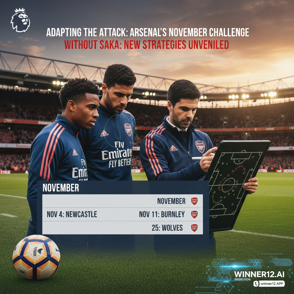 图片ALT文本：真实风格海报展示萨卡伤停4周导致阿森纳锋线调整，背景为细致的足球场景，包含阿森纳球员训练及战术规划画面，官方英超联赛标志和正宗足球元素，融入winner12.ai或winner12 APP的数字界面提示，整体色调真实还原球队颜色与球场氛围，突出英超11月赛程主题。