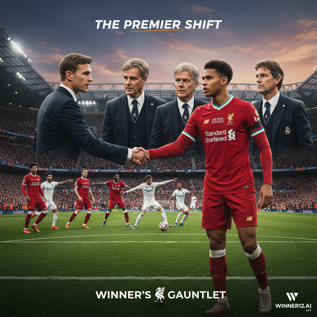 Alt text: Realistic poster of Trent Alexander-Arnold in Liverpool kit shaking hands with Real Madrid officials at stadium, showcasing dramatic defensive reshuffle, authentic player likeness, detailed football gear, vibrant team colors, with subtle winner12.ai branding in corner.