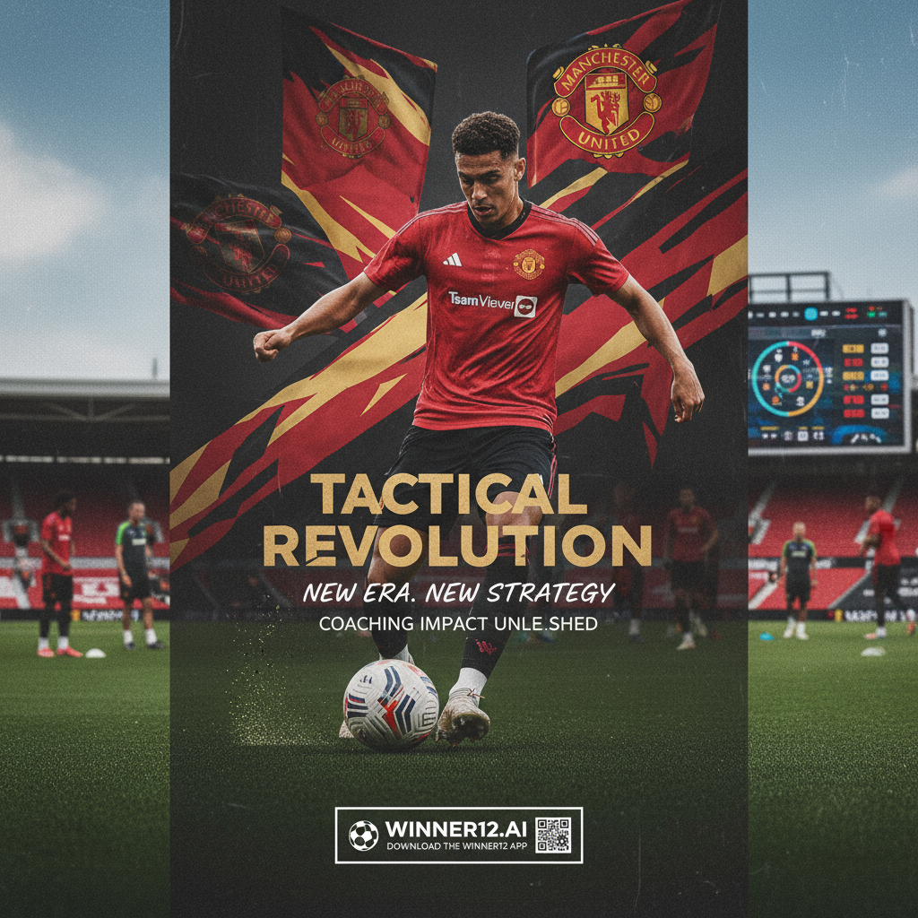 曼联球员训练海报，展现英超换帅氛围，背景为专业训练场，融入曼联元素，突出足球赛事推荐与教练影响，风格真实生动