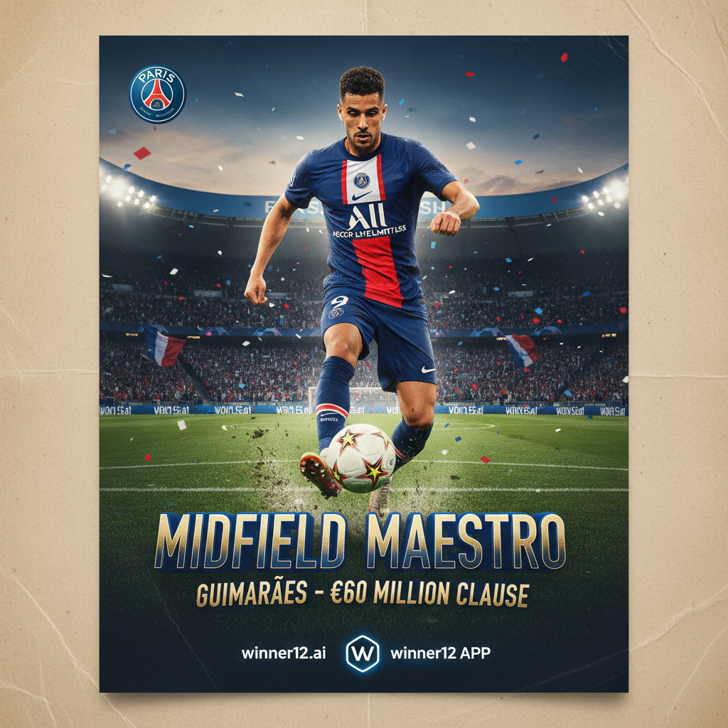 Alt text: A realistic and detailed poster showing a professional PSG midfielder in action, skillfully controlling the ball in a packed Ligue 1 stadium. The scene captures the intensity and excitement of top-level European soccer, featuring subtle 