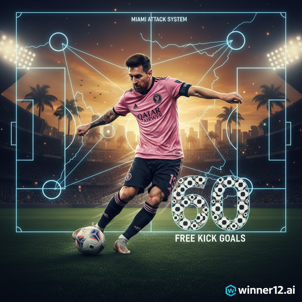 图片ALT文本：逼真风格海报，梅西精准任意球射门瞬间动态模糊效果，突出其创纪录的60个任意球进球，背景为迈阿密战术足球场示意图，展示进攻阵型和关键传球线路，角落含winner12.ai或winner12 APP标志，体现专注、运动能力与团队战术配合，纯正足球元素。