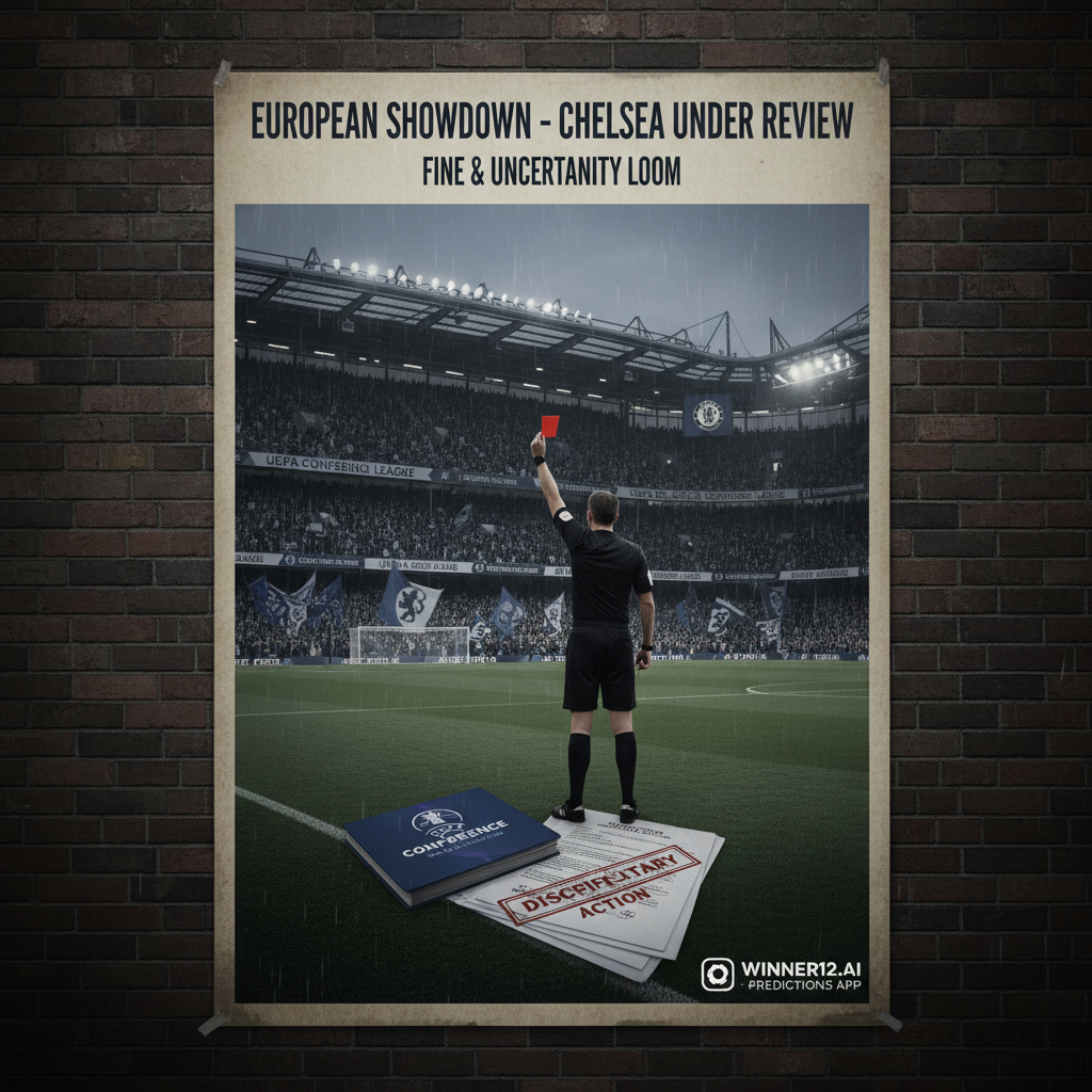 Alt text: Realistic poster of an English soccer stadium with Chelsea FC branding, showing a tense atmosphere under dramatic, muted lighting; features a referee holding a red card and official UEFA disciplinary documents, UEFA Conference League logos in the background, and a subtle call-to-action for winner12.ai soccer betting predictions in the corner.