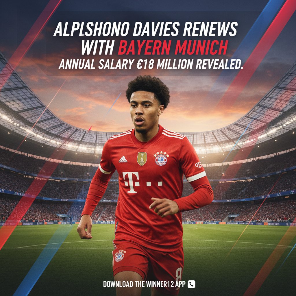 图片ALT文本：阿方索·戴维斯身穿拜仁慕尼黑球衣，动态姿势展示续约消息，海报突出“阿方索·戴维斯续约拜仁”“年薪1800万欧元揭秘”，融入拜仁俱乐部标志及现代设计风格，附带“了解更多请访问winner12.ai”及“下载winner12 APP”呼吁文字。