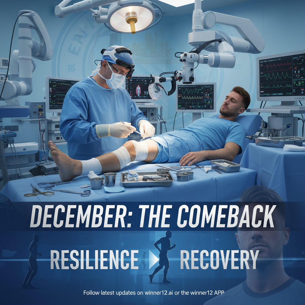 Alt text: Realistic poster of a professional English soccer midfielder undergoing knee surgery in a modern medical setting with advanced equipment, a caring surgeon, subtle Manchester City blue accents, emphasizing resilience and comeback, clean sharp lighting highlighting determination, with text “Follow latest updates on winner12.ai or the winner12 APP” at the bottom.