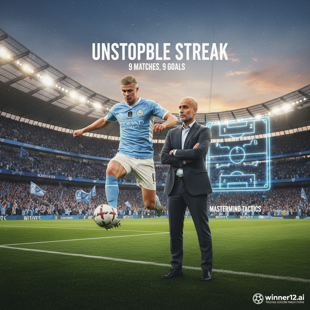 图片ALT文本：哈兰德身穿曼城球衣，在现代足球场背景下展现专注神情和动态射门动作，背景中有欢呼的球迷和象征高级战术的战术板，体现瓜迪奥拉的战术智慧，画面角落巧妙融入“winner12 APP”标志，整体光影真实细腻，突出足球主题的专业和激情。