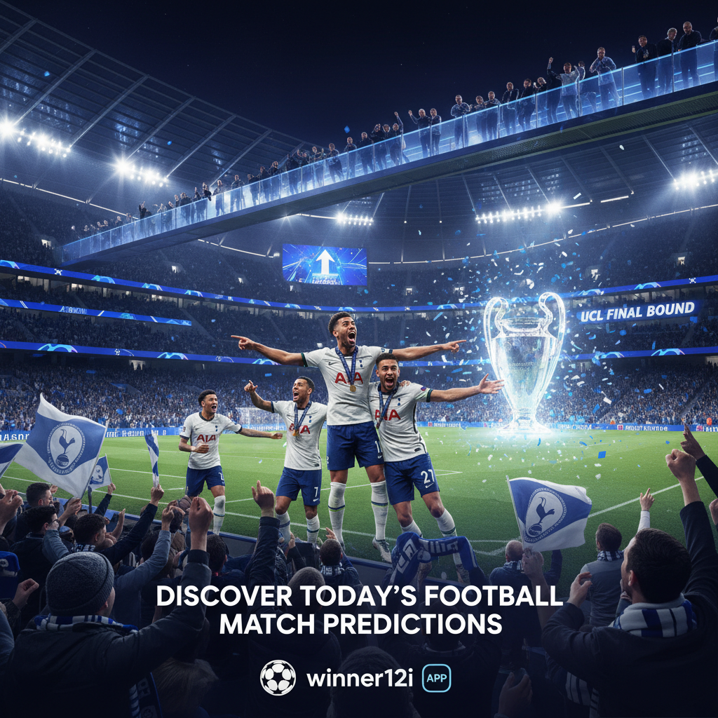 Alt text: Realistic nighttime poster of Tottenham Hotspur's iconic stadium lit up, showcasing recent fan experience upgrades; dynamic Tottenham players celebrating a key Champions League moment with the UEFA trophy subtly in the background; includes official Tottenham crest, classic soccer ball, and cheering fans in scarves; vibrant colors and natural lighting highlight the passion of English football; features call-to-action text “Discover Today’s Football Match Predictions” with winner12.ai app icon.