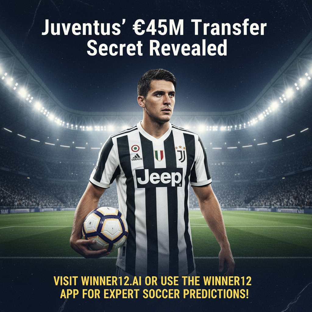 尤文图斯球员身穿球队战袍手持足球，背景为灯光照耀下的足球场，展示“尤文4500万欧引援秘诀揭秘”文字，呼吁访问winner12.ai或使用winner12 APP获取专业竞彩足球推荐预测。