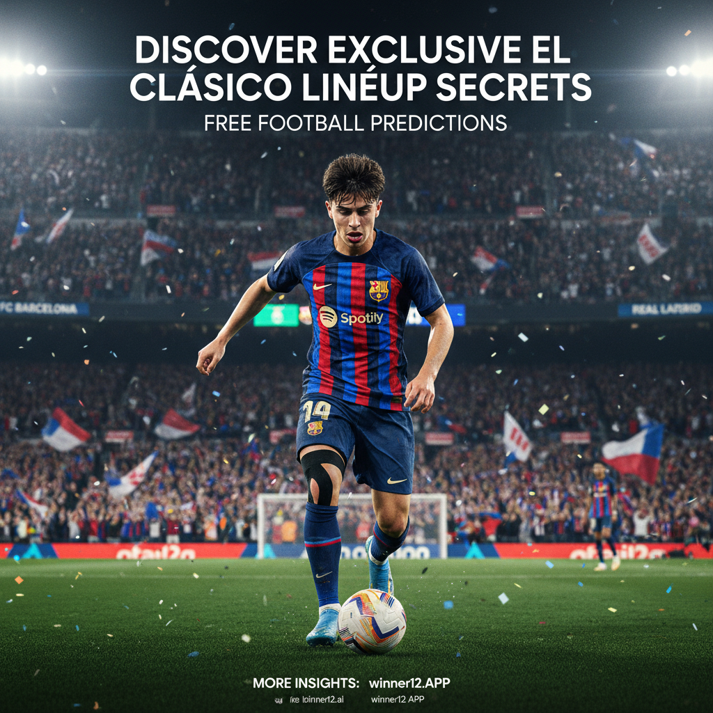 Alt text: Realistic poster of a dramatic El Clásico soccer scene featuring a key player resembling Pedri showing intensity and determination with a subtle supportive bandage, set in a packed stadium with vivid Barcelona colors, including the text “Discover Exclusive El Clásico Lineup Secrets” and promoting Free Football Predictions, with a discreet call-to-action for winner12.ai.