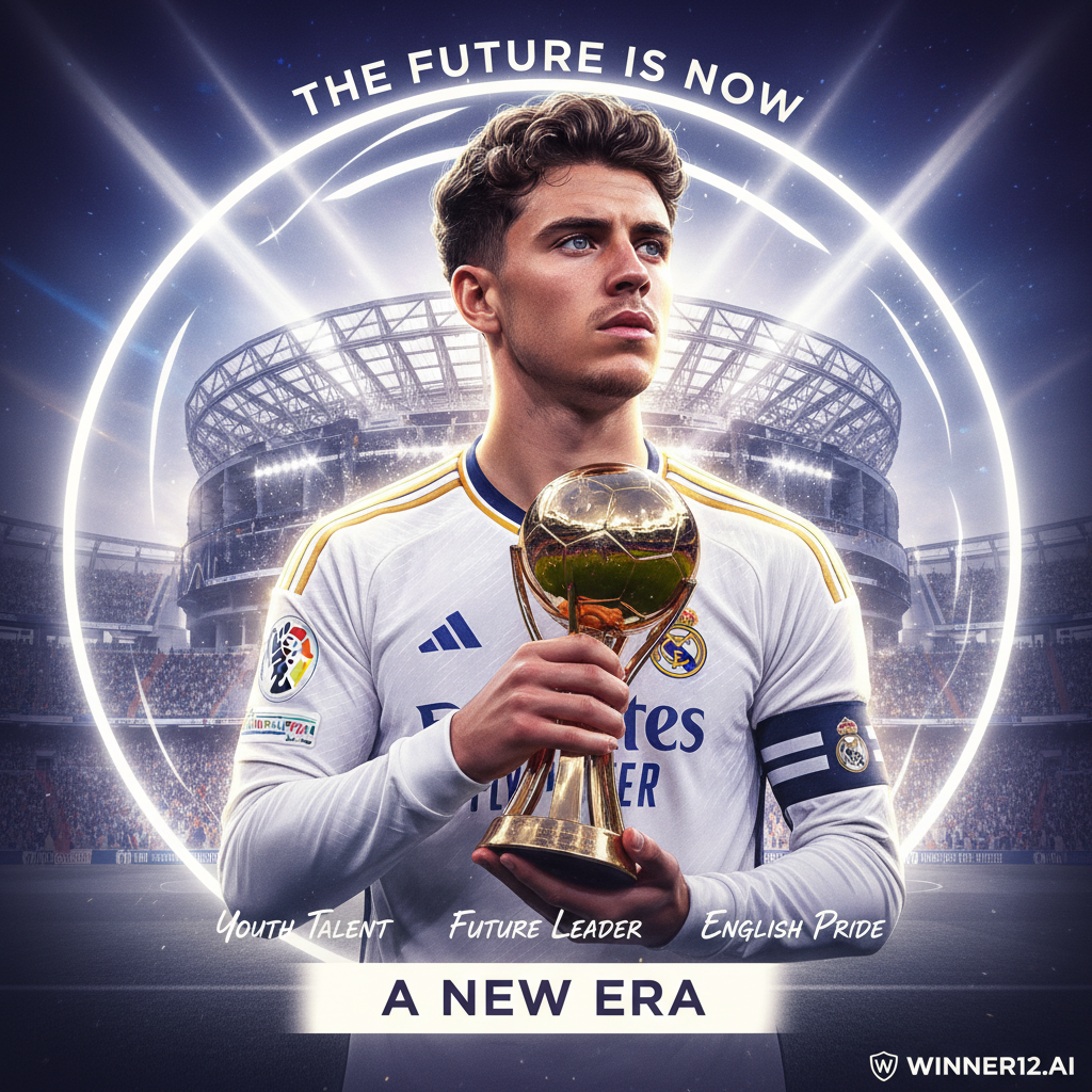 图片ALT文本：逼真风格海报，贝林厄姆作为核心人物，手持金童奖杯，神情专注坚定，背景融合皇马主场标志性元素，动态灯光突出其重要性与领导力，底角巧妙呈现“winner12.ai”标志，彰显青春才华、成就与英格兰足球光明未来。