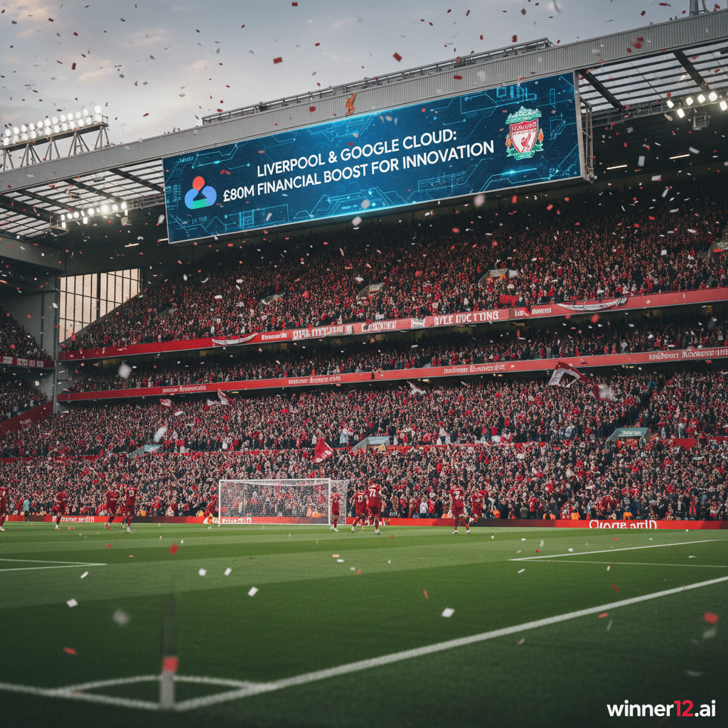 Alt text: Realistic poster of a lively Liverpool football stadium with cheering fans, digital overlay showing £80m financial boost from Liverpool and Google Cloud partnership, vibrant Liverpool FC colors, winner12.ai branding, and modern technology graphics highlighting innovation and success in soccer.