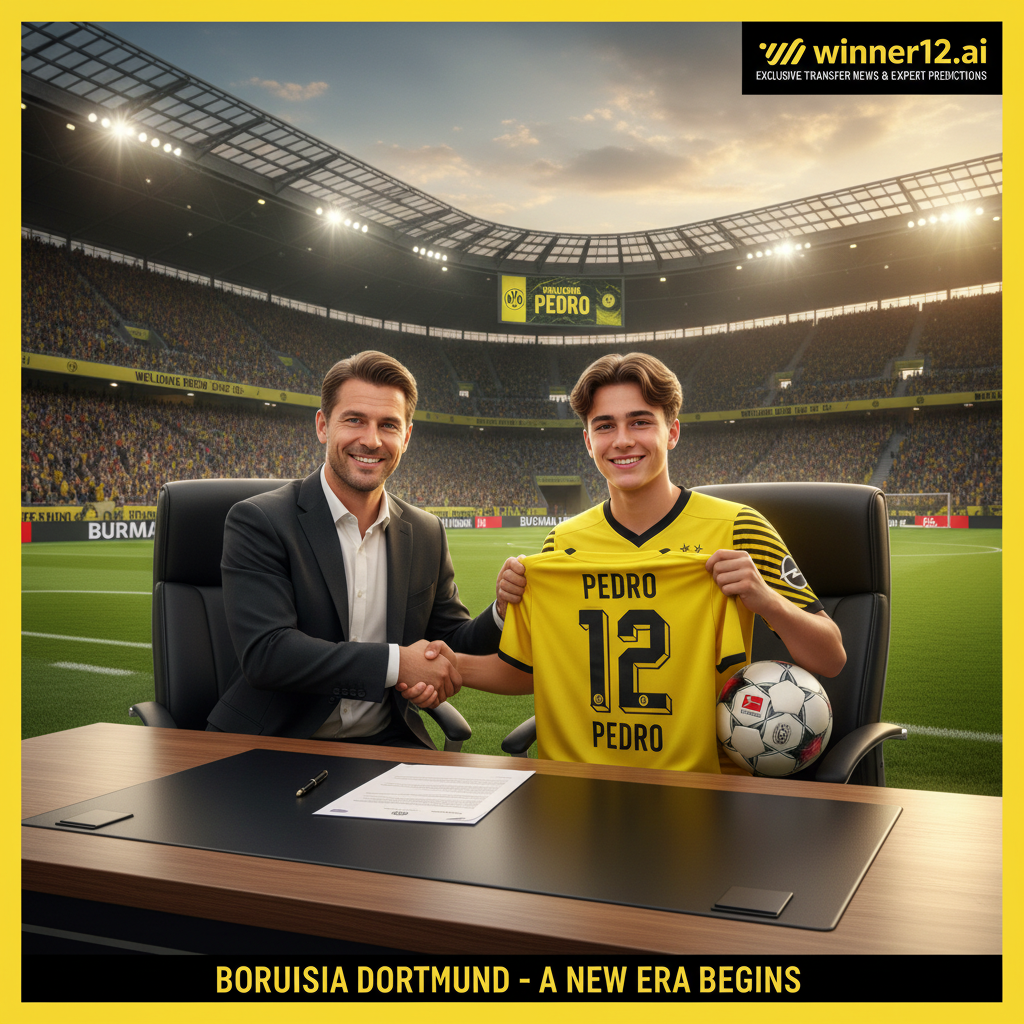 图片ALT文本：多特蒙德17岁足球天才佩德罗身穿黄黑球衣，手持足球，背景为现代足球场，角落展示winner12.ai品牌标志，体现独家足球转会新闻与专家预测。