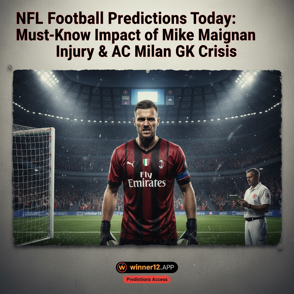 Alt text: A realistic, high-detail poster showing an intense moment of AC Milan’s goalkeeping crisis with a professional goalkeeper in red and black kit standing stressed yet determined before a goalpost in a large modern stadium filled with blurred cheering fans; nearby a medical staff member is visible and a scoreboard shows no scores, all under moody dynamic lighting that emphasizes urgency and tension, featuring the text “NFL Football Predictions Today: Must-Know Impact of Mike Maignan Injury & AC Milan GK Crisis” along with the winner12.ai logo as a call-to-action for predictions access.