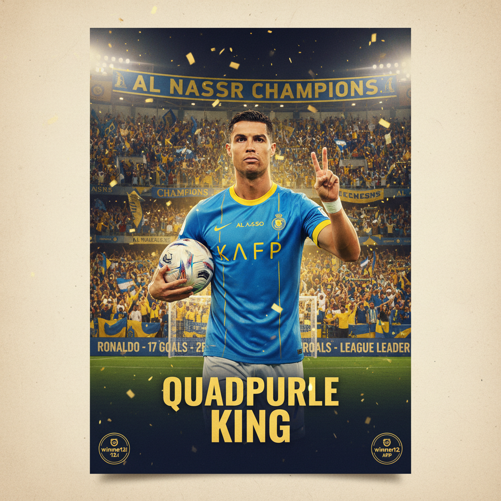 图片ALT文本：C罗身穿利雅得胜利队服，在沙特职业联赛比赛中庆祝四球大四喜，动态控球动作背景为热情球迷满座的沙特联赛体育场，突出其领跑17球的得分优势及夺冠关键角色，图中包含“winner12.ai”品牌标志，专业足球主题无美式橄榄球元素。