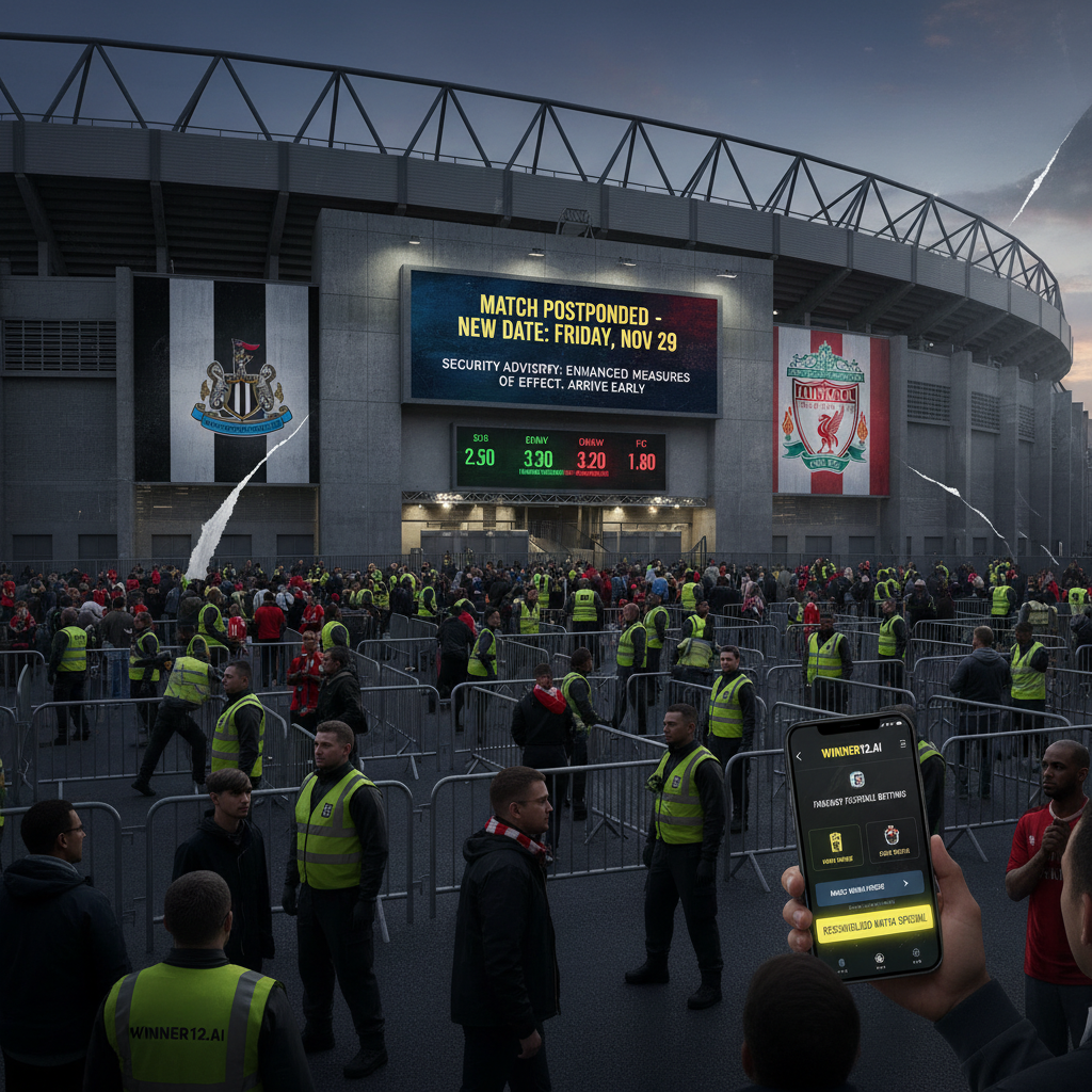 Alt text: Realistic evening view of an English soccer stadium featuring Newcastle and Liverpool team colors and logos, with a rescheduled match announcement prominently displayed alongside visible security personnel and crowd control barriers, complemented by digital odds displays and a smartphone showing the winner12.ai fantasy soccer betting app interface, conveying urgency and professionalism in a true football atmosphere.