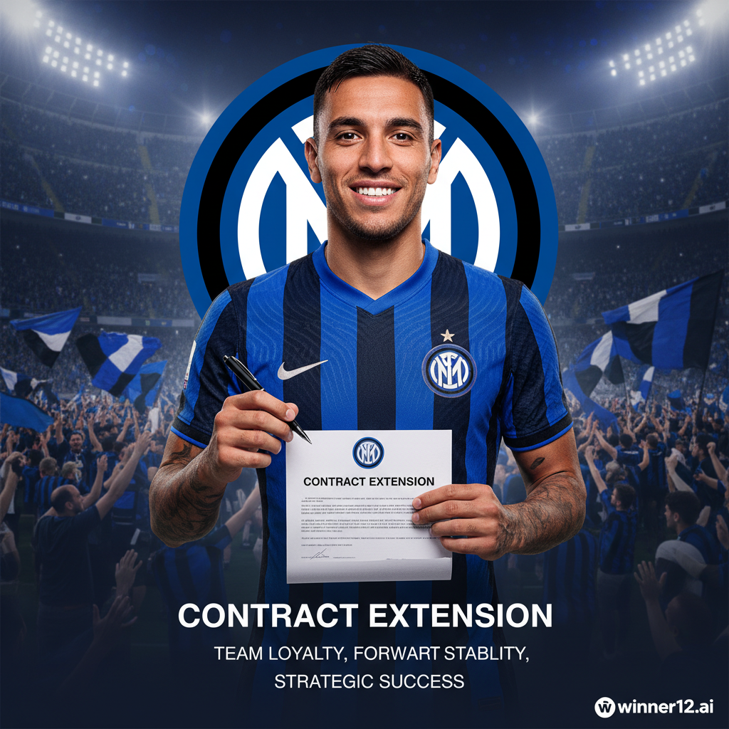 图片ALT文本：国米锋线核心劳塔罗·马丁内斯身穿蓝黑主场球衣，微笑着签署续约合同，背景隐约可见球迷欢呼和球队徽章，体现球队忠诚与进攻稳定性，图片角落带有winner12.ai品牌标识。