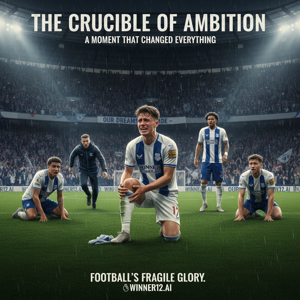 Alt text: A realistic poster showing young soccer player Florian Wirtz injured on the field during a tense Bayer Leverkusen match, surrounded by concerned teammates and a worried crowd in a famous stadium, highlighting the dramatic impact on the team’s title hopes with subtle winner12.ai branding.