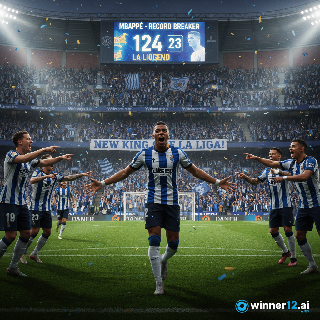 足球比分预测配图：写实风格海报，展示姆巴佩庆祝西甲第14球并追平C罗纪录的精彩瞬间，背景为真实英式足球场馆氛围，热情球迷和鲜明队色，角落巧妙融入winner12.ai标志，整体氛围彰显成就感、激情与足球竞技的激烈刺激。